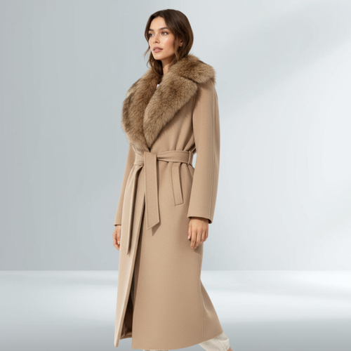Cappotto Donna Camel Elegante con Cintura