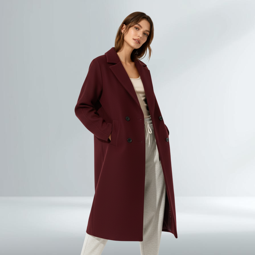 Cappotto Donna Bordeaux Elegante Doppio Petto